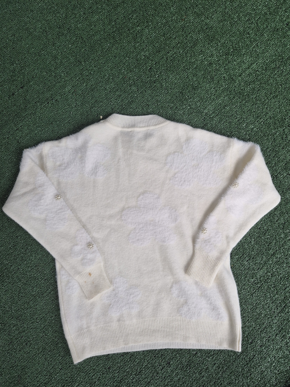 Nanette Lepore White Plush Crewneck Sweater with Floral Texture